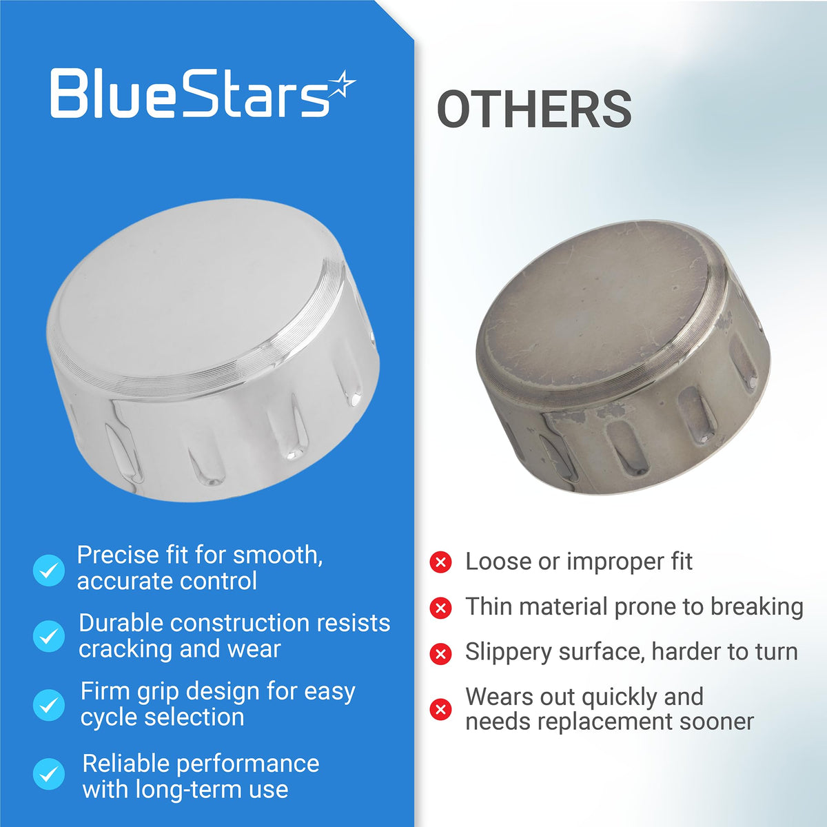 Comparison graphic showing BlueStars WE01X21167 dryer control knob versus a generic worn-out replacement knob.