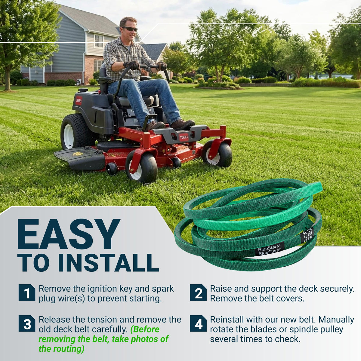 Replacement mower deck belt with easy-to-follow installation instructions for a zero-turn lawn mower.