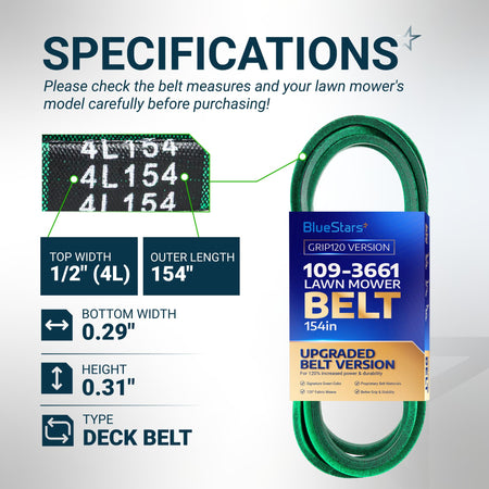 Specification chart for 109-3661 lawn mower deck belt showing 1/2 inch width and 154 inch outer length.