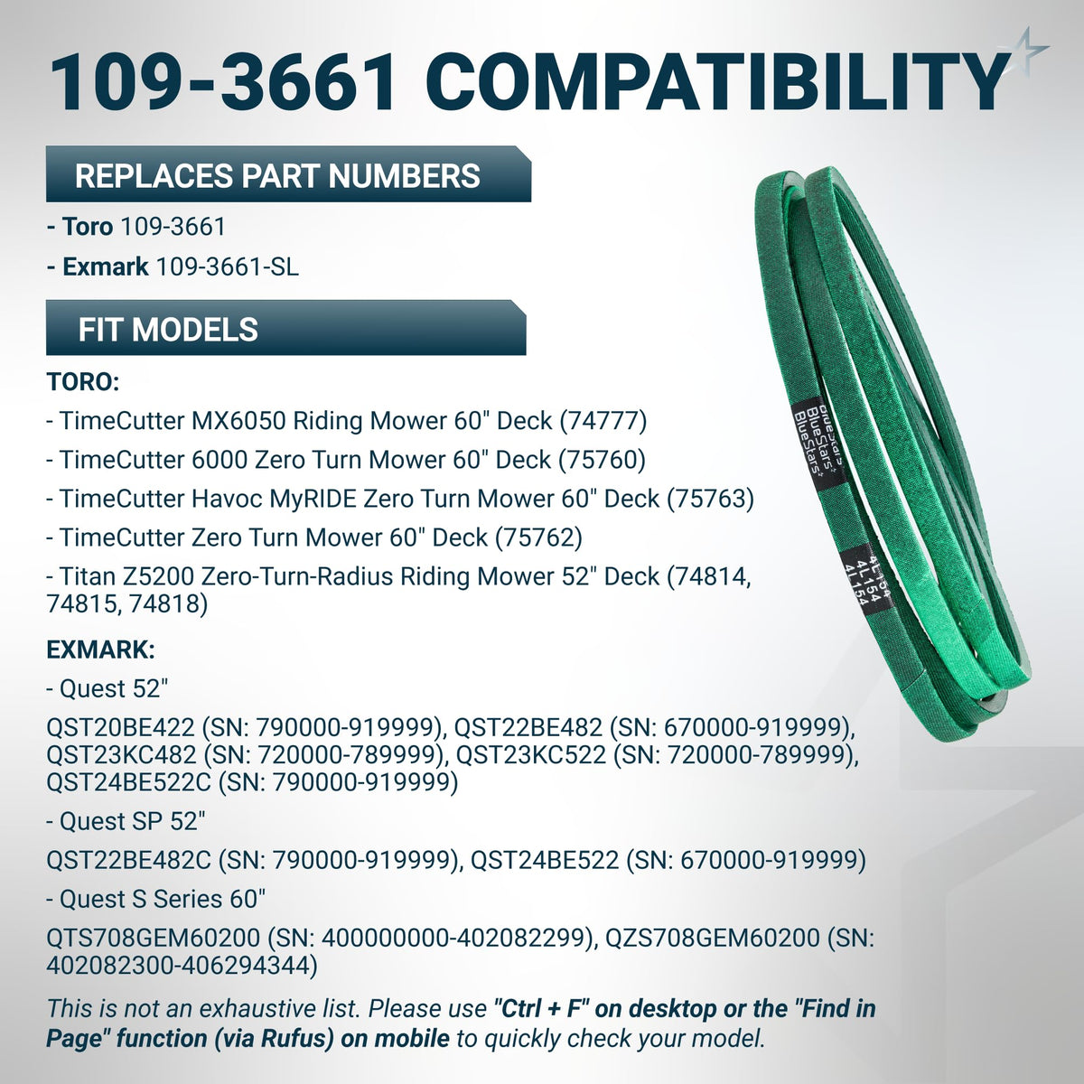 Green replacement mower deck belt 109-3661 for Toro and Exmark zero turn mowers.