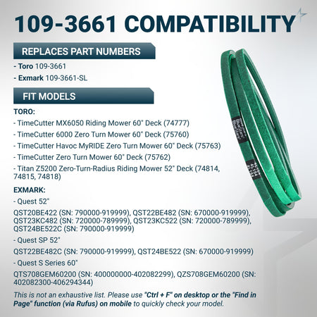 Green replacement mower deck belt 109-3661 for Toro and Exmark zero turn mowers.