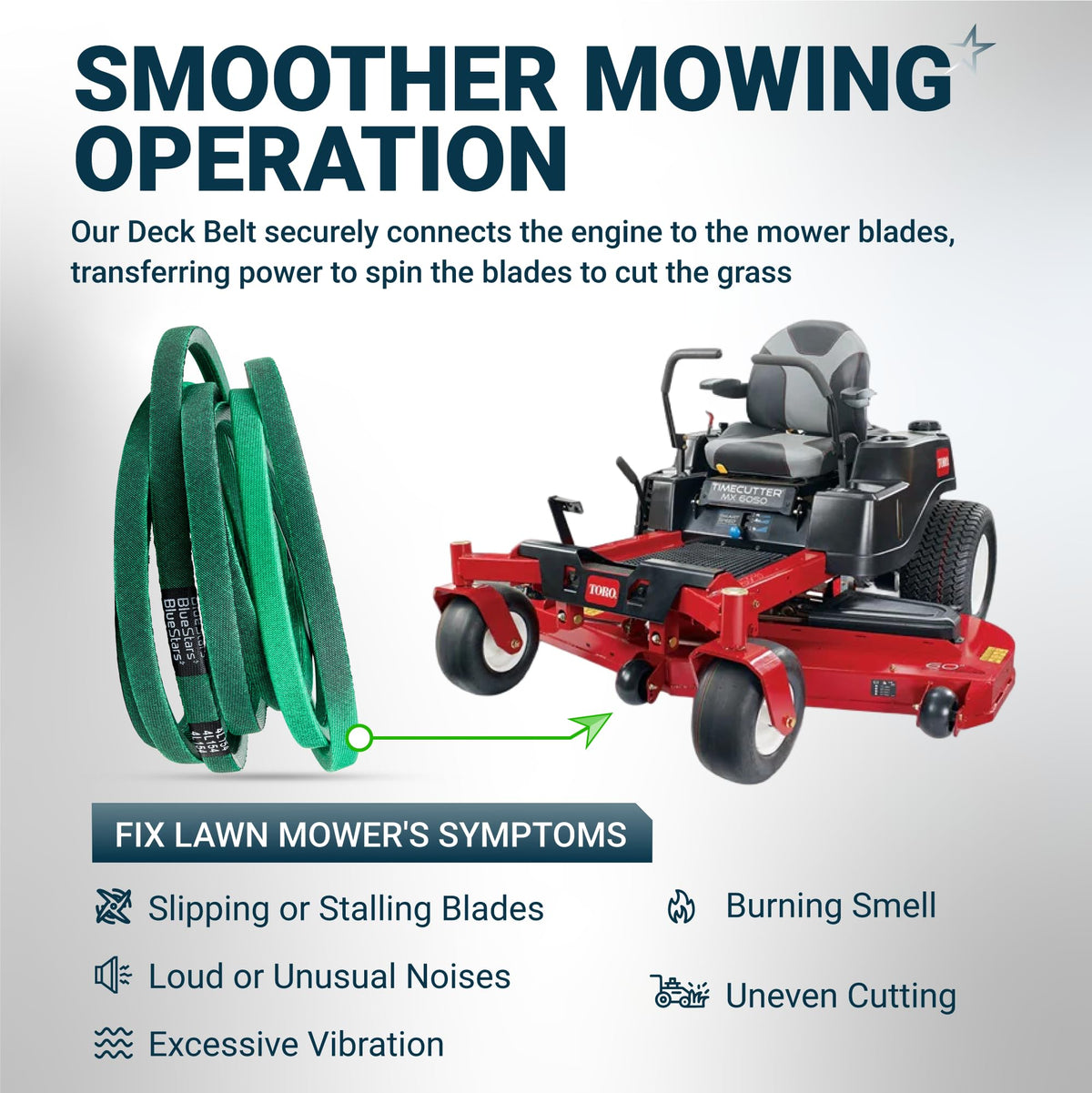 Green deck belt for Toro TimeCutter mower showing installation point to fix blade performance issues.