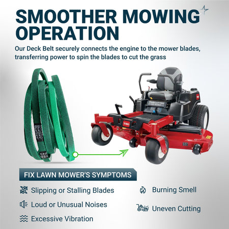 Green deck belt for Toro TimeCutter mower showing installation point to fix blade performance issues.