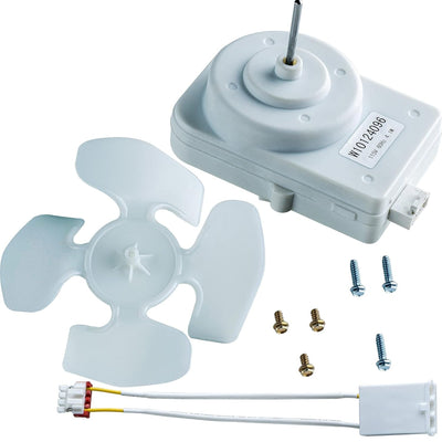 W10124096 refrigerator condenser fan motor kit with fan blade, wiring harness, and mounting screws.