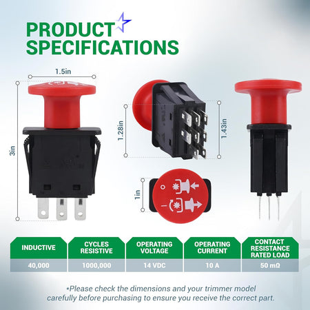 Dimensional diagram of 10 AMP 8-terminal clutch PTO switch for lawn mowers showing size specifications and technical data.