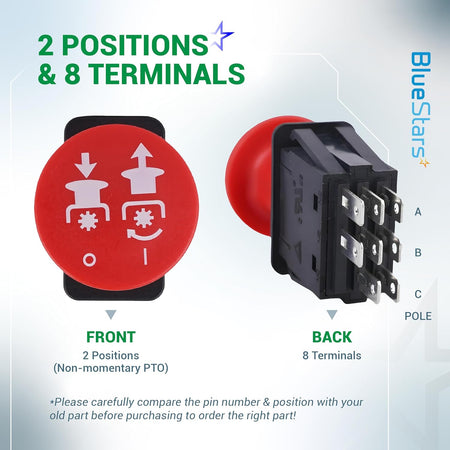 Front and back view of 8-terminal 10-amp clutch PTO switch for Dixie Chopper and Hustler lawn mowers.