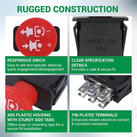 Features of 10 AMP clutch PTO switch for lawn mowers showing red button, 14VDC specs, and 8 tin-plated terminals.