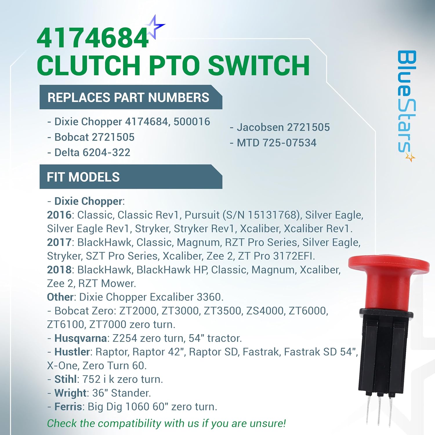 Replacement PTO Clutch Switch 4174684 for Dixie Chopper