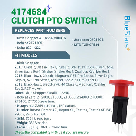 8-terminal 10-amp clutch PTO switch for Dixie Chopper and other lawn mowers with compatibility information chart.
