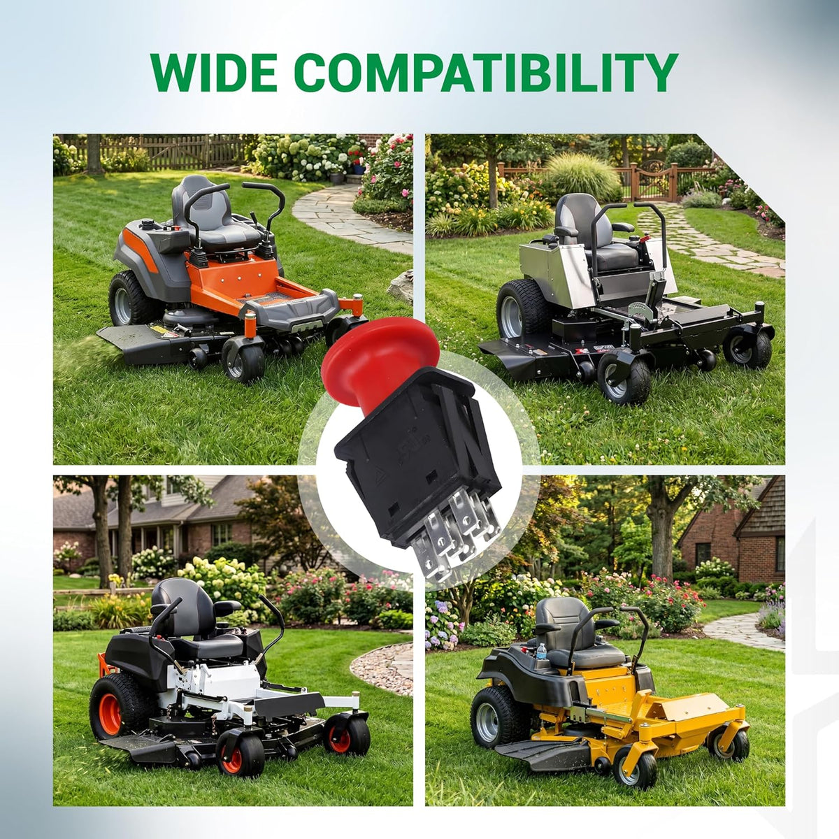 8-terminal 10 AMP clutch PTO switch shown with compatible Dixie Chopper and Hustler lawn mowers.