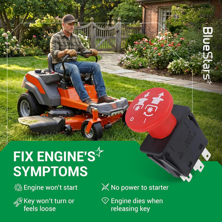 8-terminal 10 AMP clutch PTO switch for Dixie Chopper and Hustler lawn mowers with troubleshooting guide.