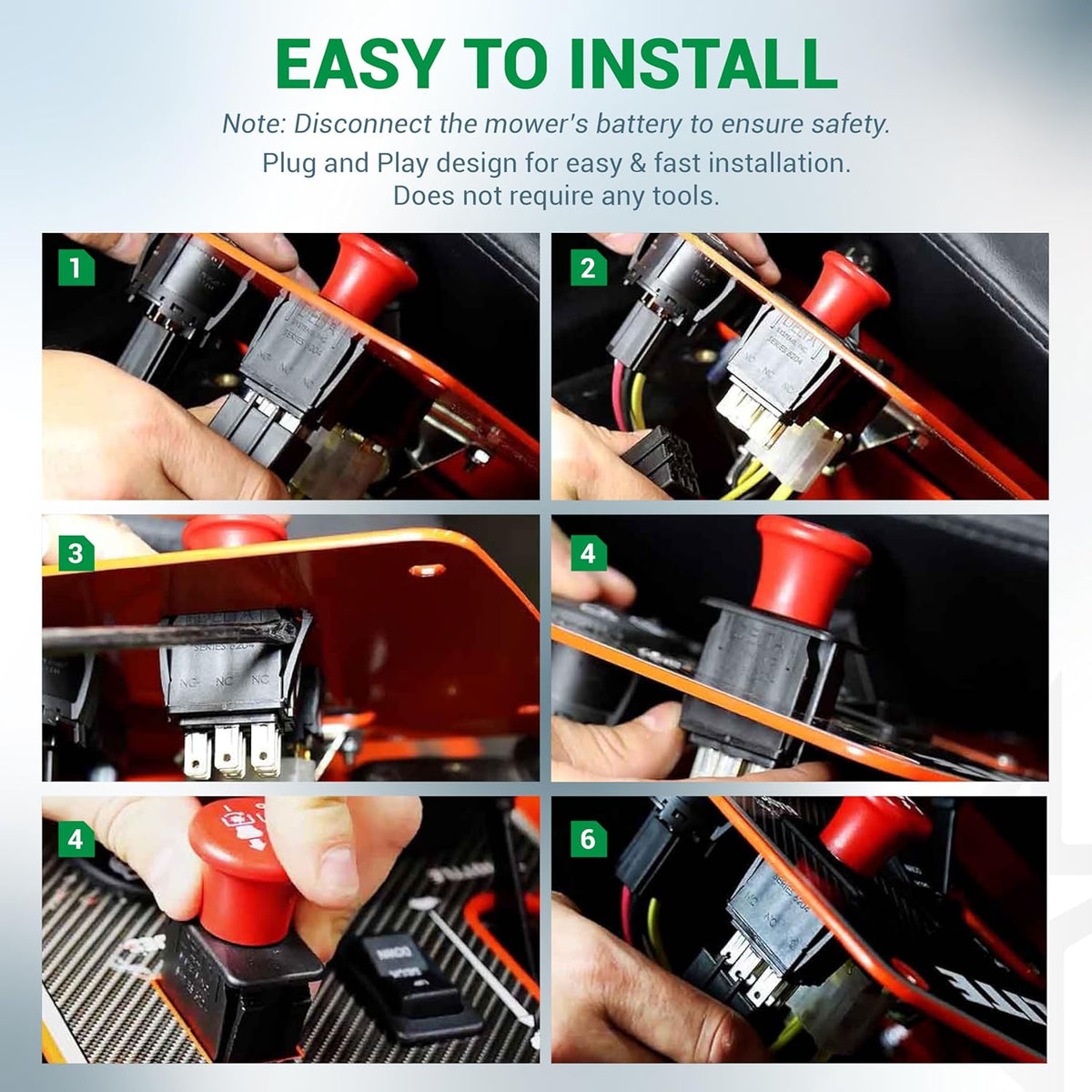 Step-by-step installation guide for 8-terminal lawn mower clutch PTO switch on control panel.