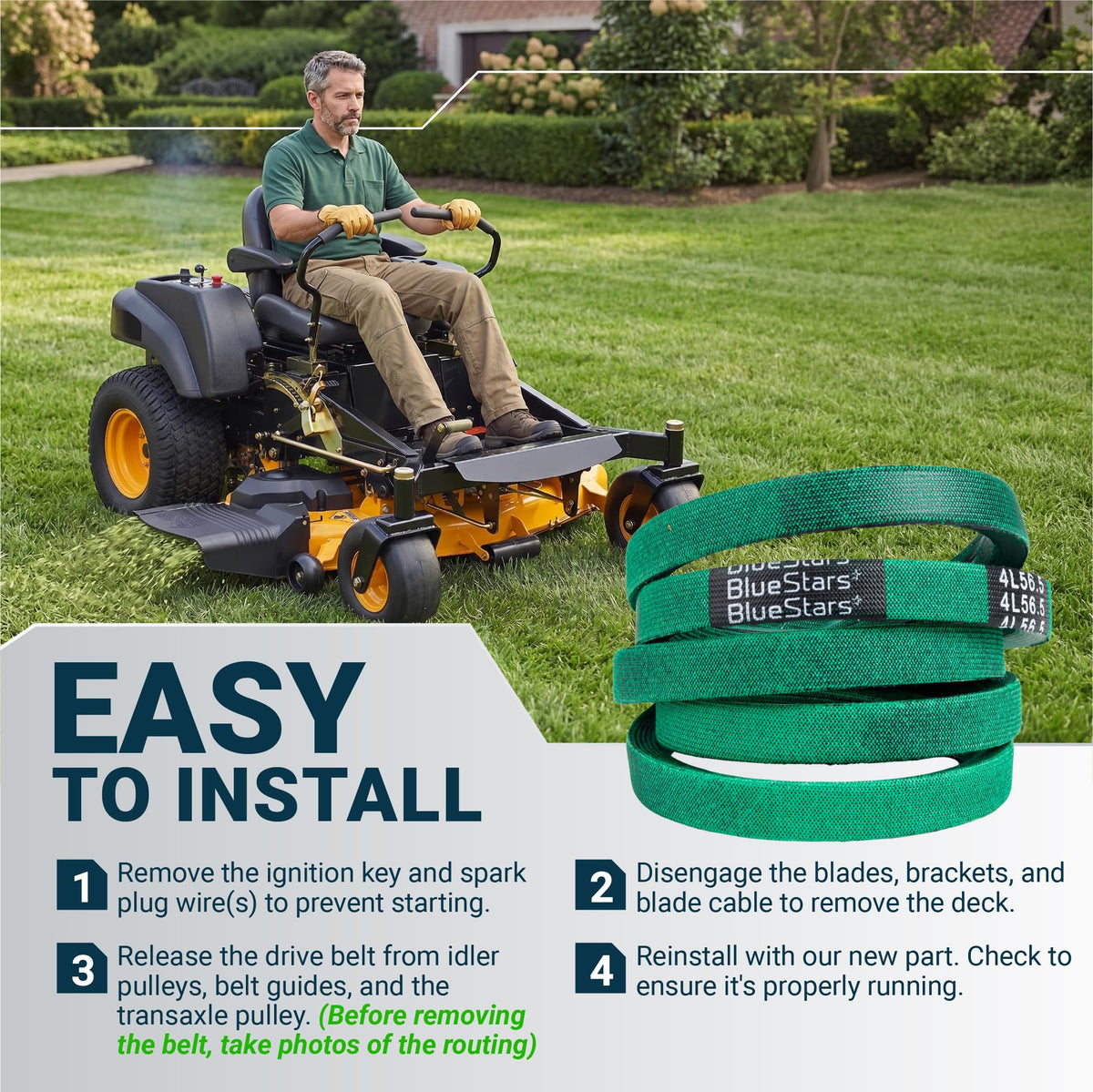 BlueStars 539110411 replacement mower drive belt with easy installation instructions and zero-turn mower illustration.