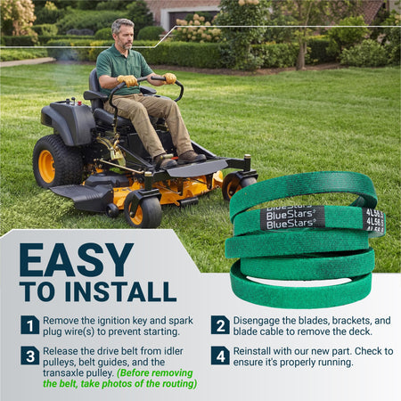 BlueStars 539110411 replacement mower drive belt with easy installation instructions and zero-turn mower illustration.