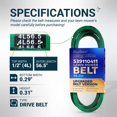 BlueStars 539110411 lawn mower drive belt specifications chart showing 56.5-inch length and 1/2-inch width dimensions.