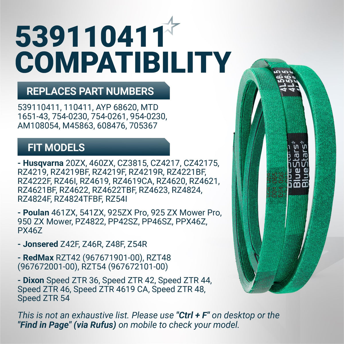 Green replacement mower deck belt 539110411 with compatibility list for Husqvarna, Poulan, Jonsered, RedMax, and Dixon.