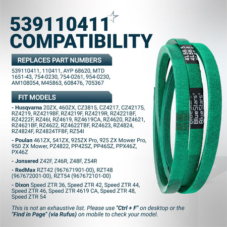 Green replacement mower deck belt 539110411 with compatibility list for Husqvarna, Poulan, Jonsered, RedMax, and Dixon.