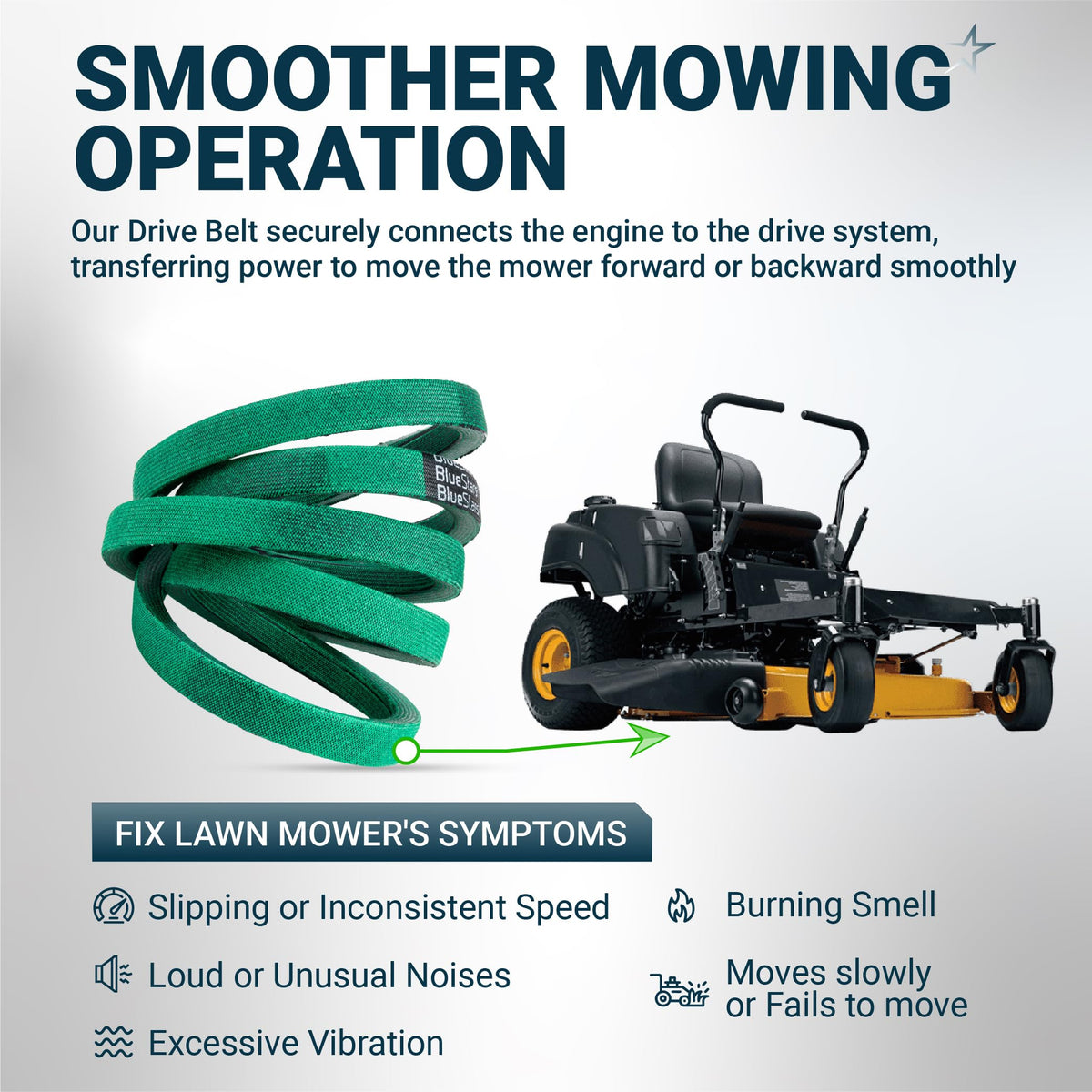 Green replacement drive belt for zero-turn lawn mower showing symptoms of slipping, noise, and vibration.