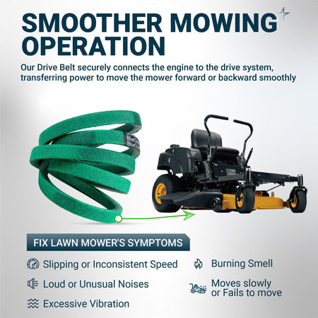 Green replacement drive belt for zero-turn lawn mower showing symptoms of slipping, noise, and vibration.