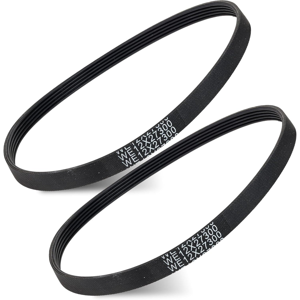 WE12X27300 washer drive belt 2-pack, showing two black ribbed belts in a plain product photo