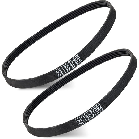 WE12X27300 washer drive belt 2-pack, showing two black ribbed belts in a plain product photo