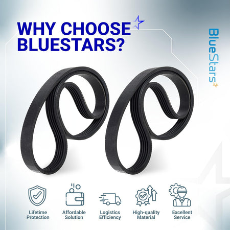 WE12X27300 Washer Drive Belt 2-Pack, two black belts shown with a BlueStars benefits graphic
