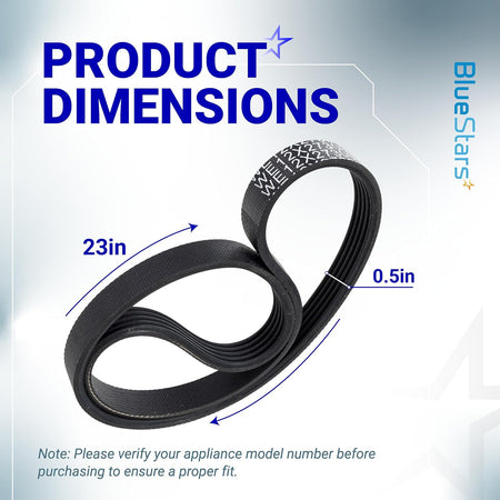 WE12X27300 Washer Drive Belt 2-Pack, product dimensions diagram showing 23in length and 0.5in width
