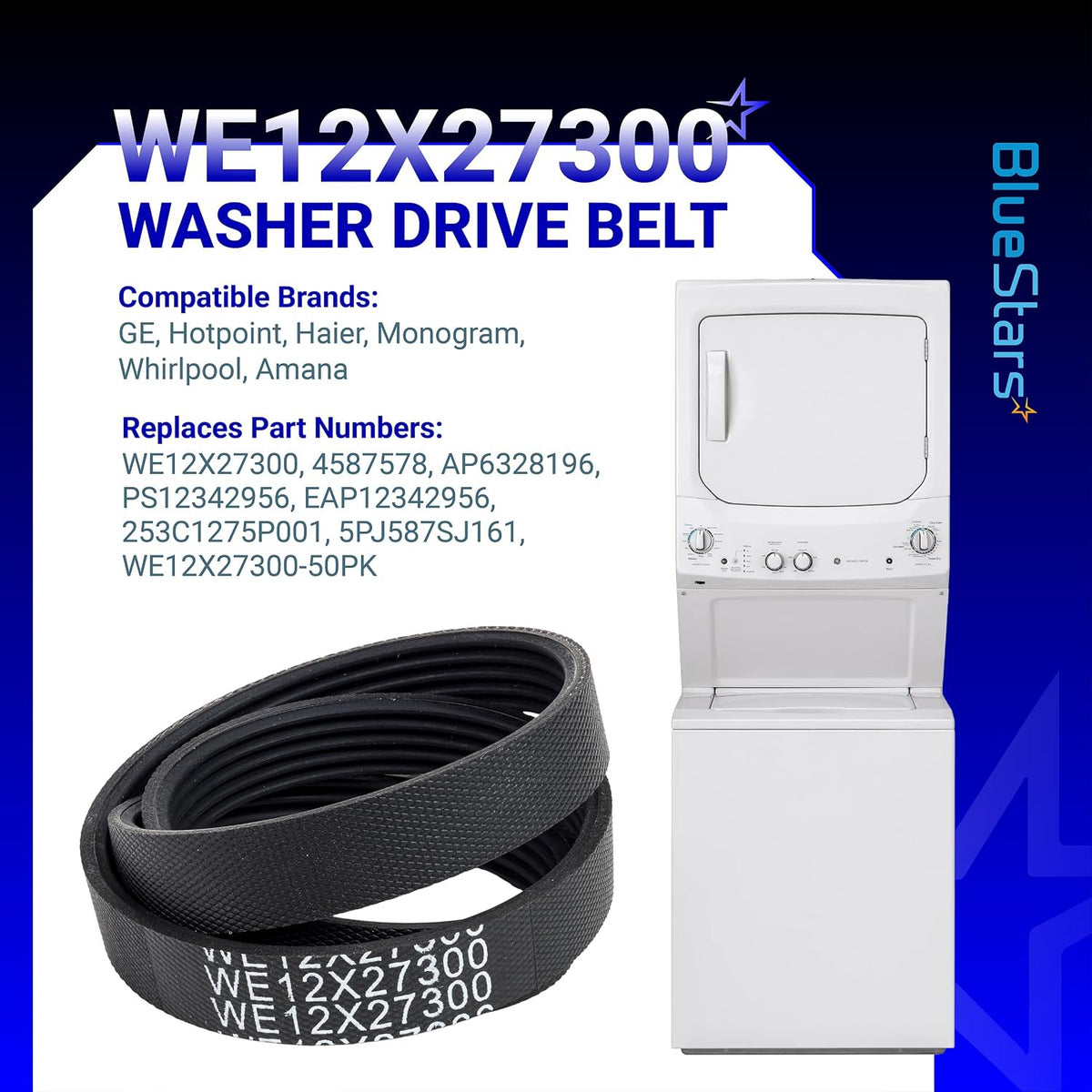 WE12X27300 Washer Drive Belt 2-pack graphic showing two belts beside a stacked washer-dryer unit