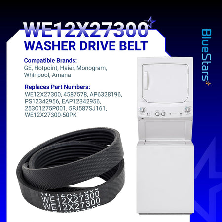 WE12X27300 Washer Drive Belt 2-pack graphic showing two belts beside a stacked washer-dryer unit