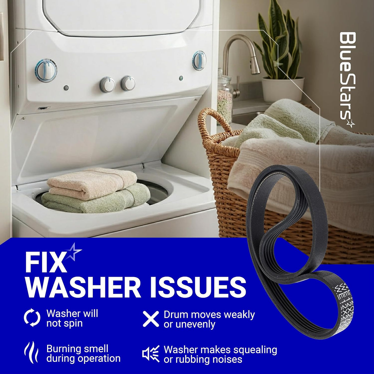 WE12X27300 Washer Drive Belt 2-pack shown over a washer lifestyle graphic with listed washer issues
