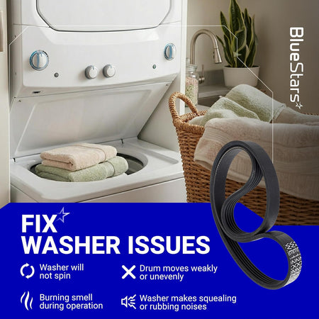 WE12X27300 Washer Drive Belt 2-pack shown over a washer lifestyle graphic with listed washer issues