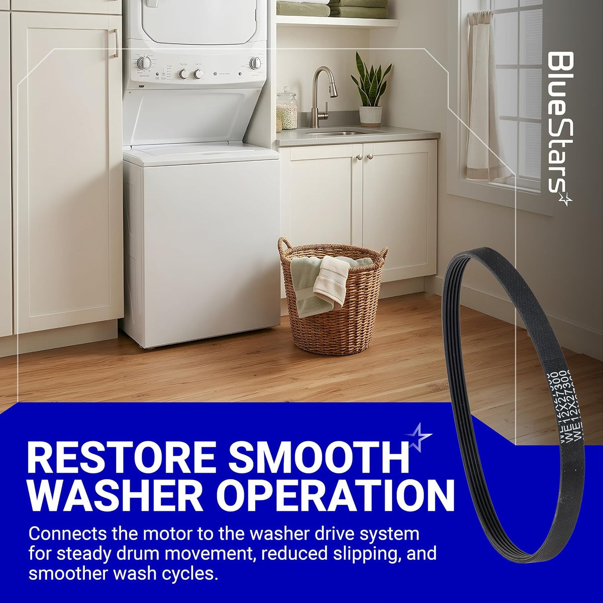 WE12X27300 Washer Drive Belt 2-Pack promotional graphic showing a belt beside a stacked washer and dryer
