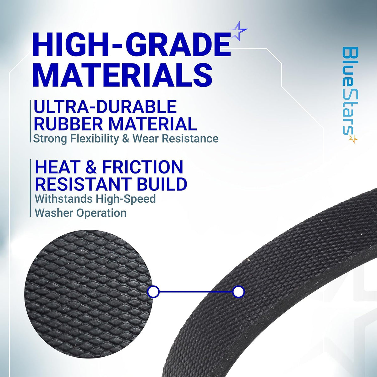 WE12X27300 Washer Drive Belt 2-Pack, close-up of textured rubber belt with material detail graphic