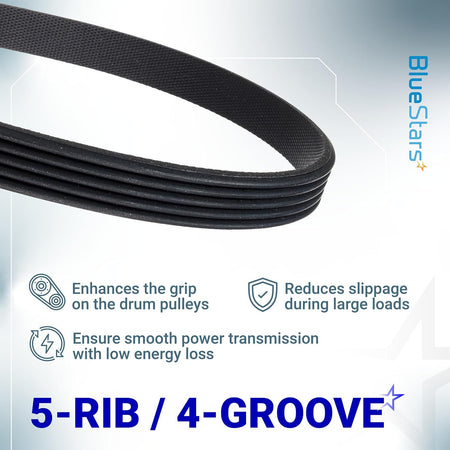 WE12X27300 Washer Drive Belt 2-Pack, close-up of ribbed belt with 5-rib/4-groove graphic