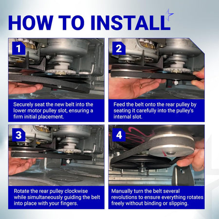 WE12X27300 Washer Drive Belt installation guide showing four steps for fitting and rotating the belt on washer pulleys.