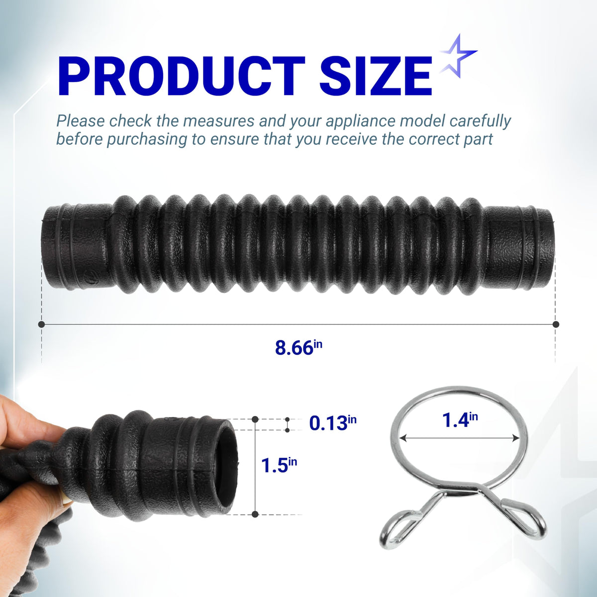 Dimensional diagram of AEM73213001 washer drain hose showing length, diameter, and included metal clamp.
