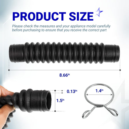 Dimensional diagram of AEM73213001 washer drain hose showing length, diameter, and included metal clamp.