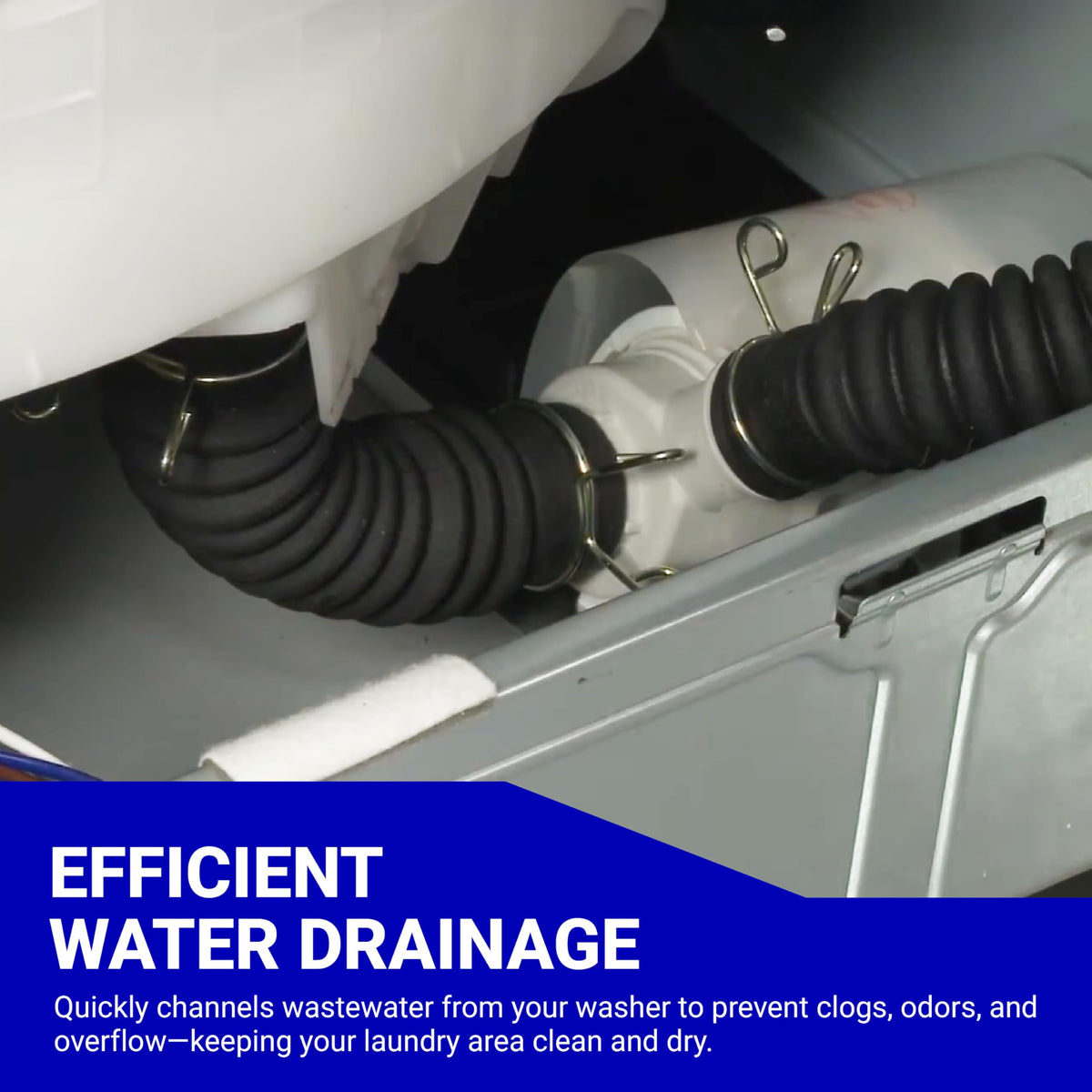 AEM73213001 washer drain hose installed inside an LG washing machine with metal clamps.