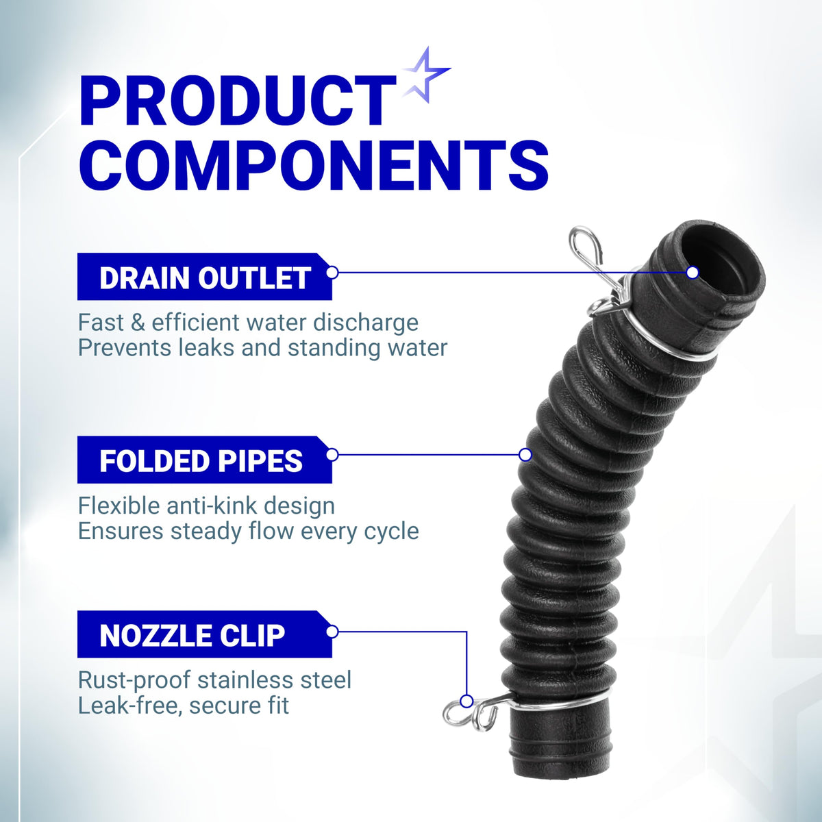 Diagram of AEM73213001 washer drain hose showing drain outlet, flexible anti-kink pipe, and stainless steel nozzle clip.