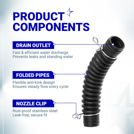 Diagram of AEM73213001 washer drain hose showing drain outlet, flexible anti-kink pipe, and stainless steel nozzle clip.