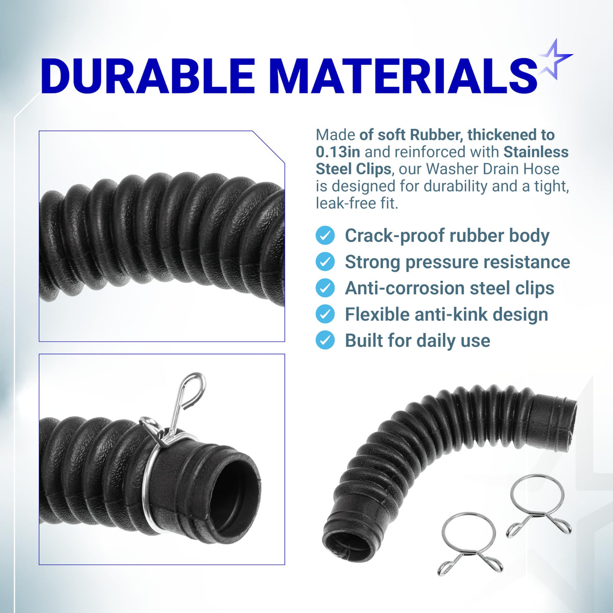 AEM73213001 washer drain hose showing durable rubber construction and stainless steel clips for LG washing machines.