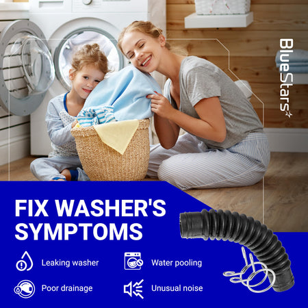 AEM73213001 replacement washer drain hose for LG washing machines with metal clamps to fix drainage issues.