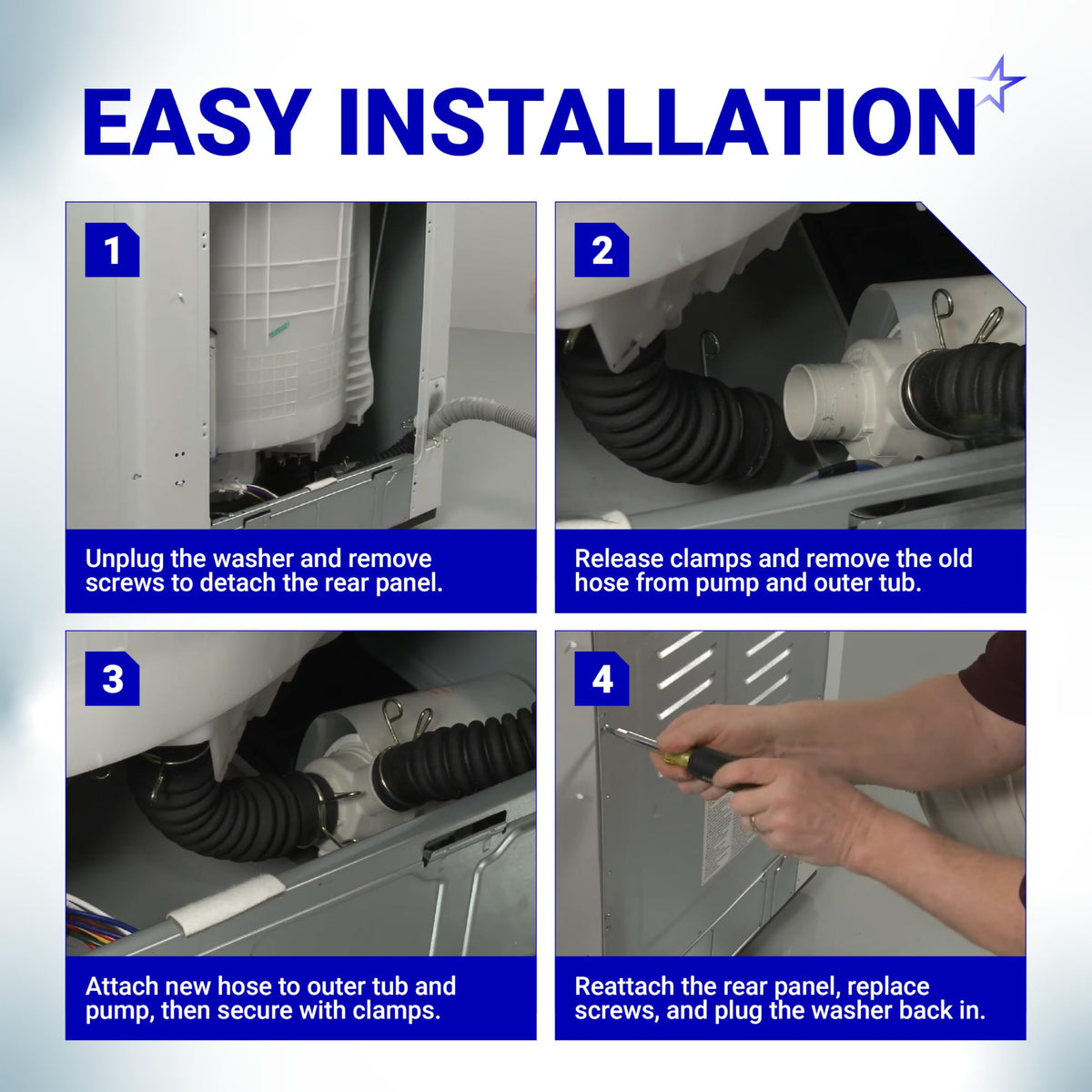 Four-step installation guide for replacing an AEM73213001 washer drain hose on an LG washing machine.