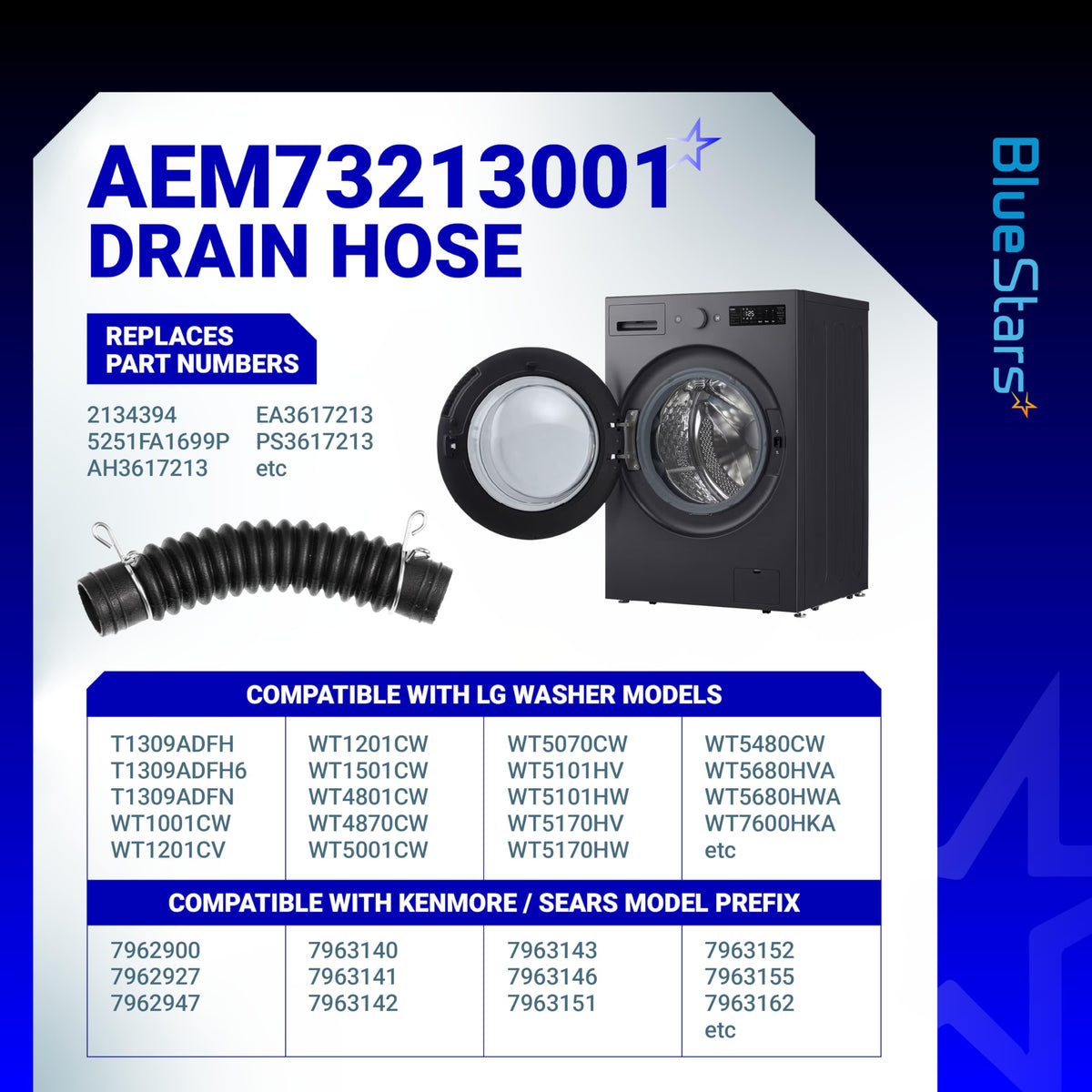 AEM73213001 washer drain hose replacement part with compatibility information for LG and Kenmore washing machines.