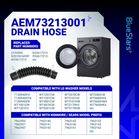 AEM73213001 washer drain hose replacement part with compatibility information for LG and Kenmore washing machines.