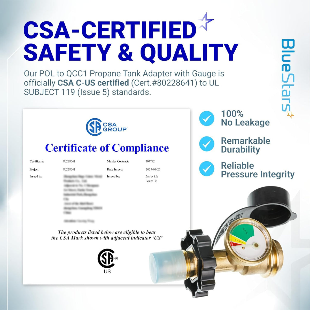 100 lb Propane Tank Adapter POL Propane Gauge, CSA certification graphic with certificate and adapter gauge