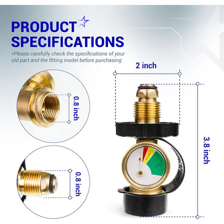 100 lb Propane Tank Adapter POL Propane Gauge, specifications diagram showing 2-inch width, 3.8-inch height and 0.8-inch fitt