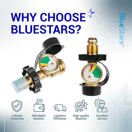 100 lb Propane Tank Adapter POL Propane Gauge promotional graphic showing two brass gauges and BlueStars benefit icons