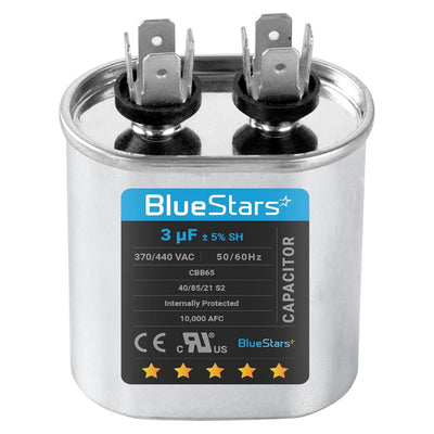 3 uF 370/440 VAC CBB65 oval run start capacitor for air conditioner and condenser fan motors.