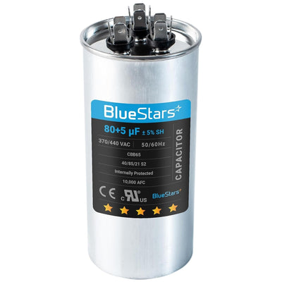 80+5 uF 370/440 VAC dual run round capacitor for HVAC condenser and heat pump systems.